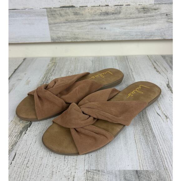 Lulu's Women's 6.5 Santana Camel tan Suede leather Slide slip on Sandals NEW - Picture 1 of 7